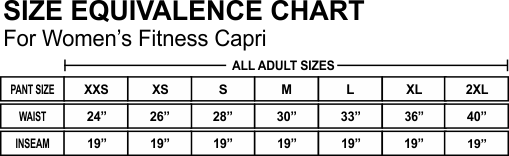 Women's Fitness Capri Size Chart
