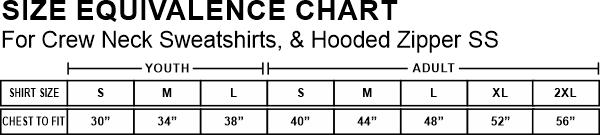 cns, hoodie, zip hoodie size chart