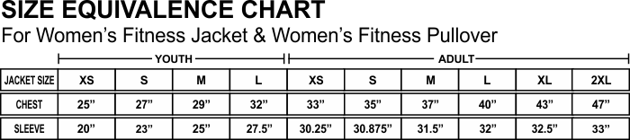 Women's Fitness jacekts Size Chart